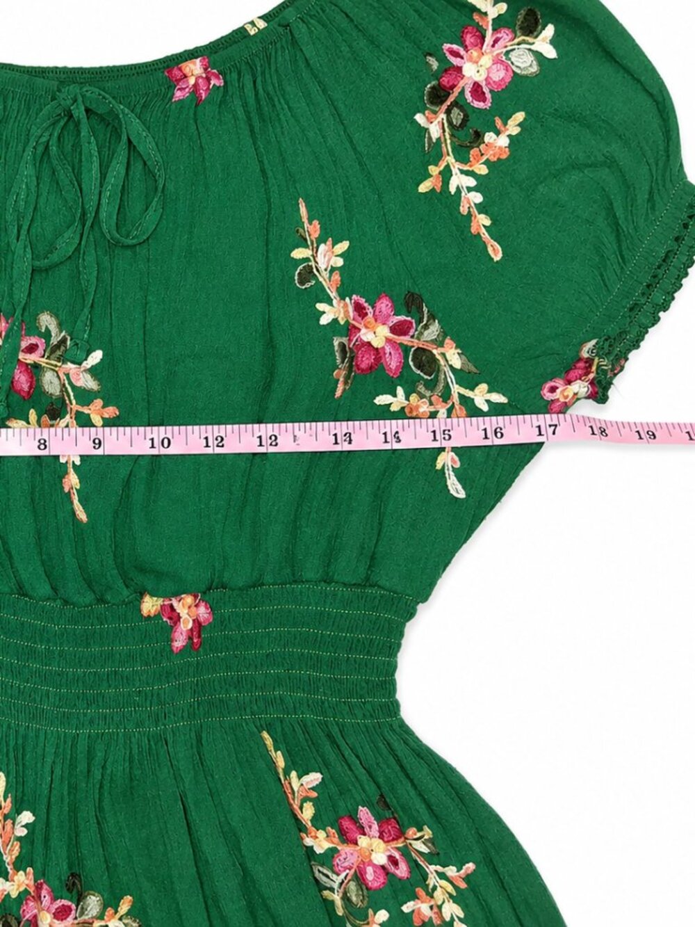 Green Floral Embroidered Boho Peasant Midi Dress Smocked Waist Puff Sleeve Women - Picture 7 of 8